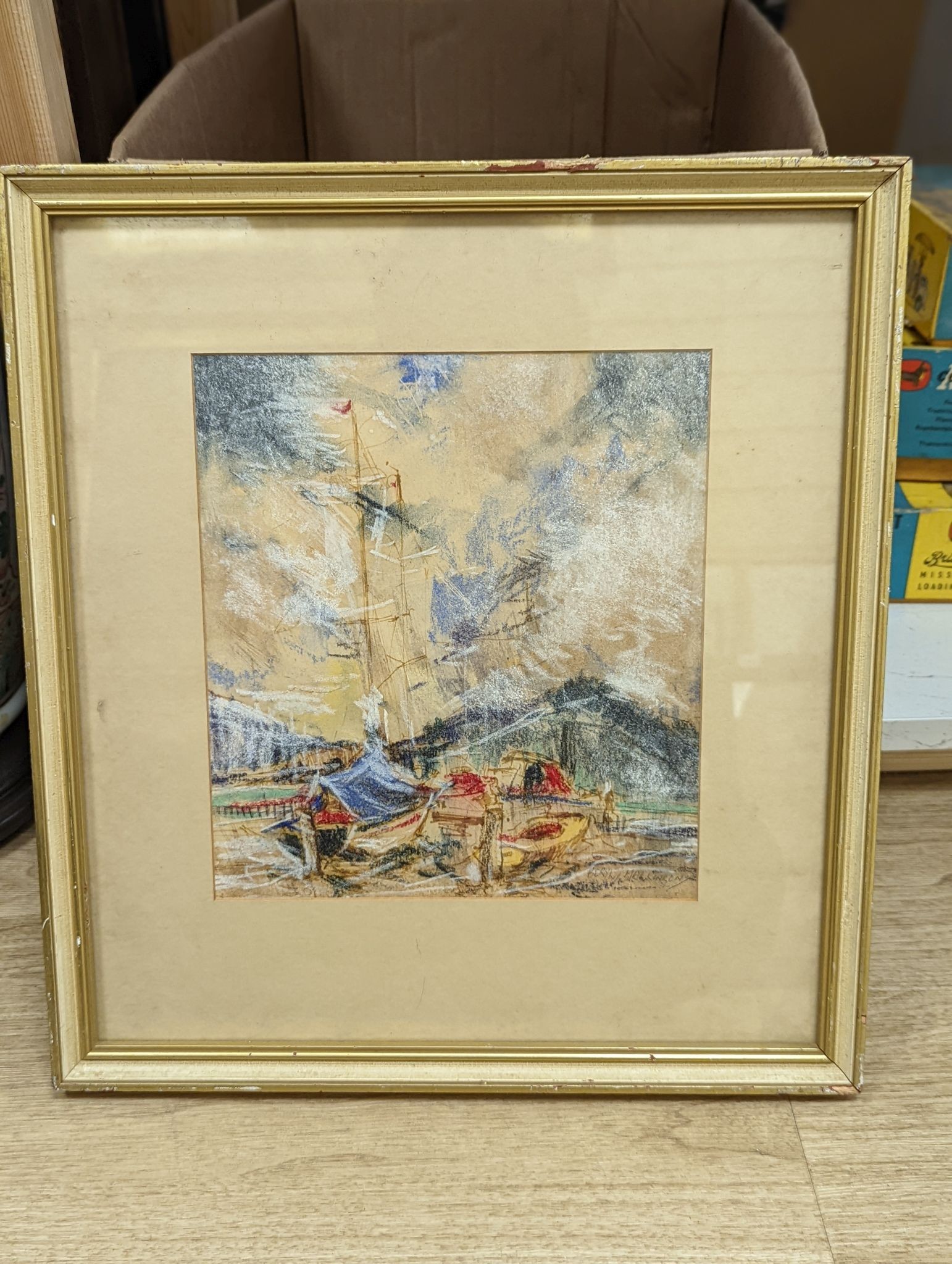 Beryl Mallinson (1916-1991), pen and pastel, Boats at Newport, signed, 25 x 22cm